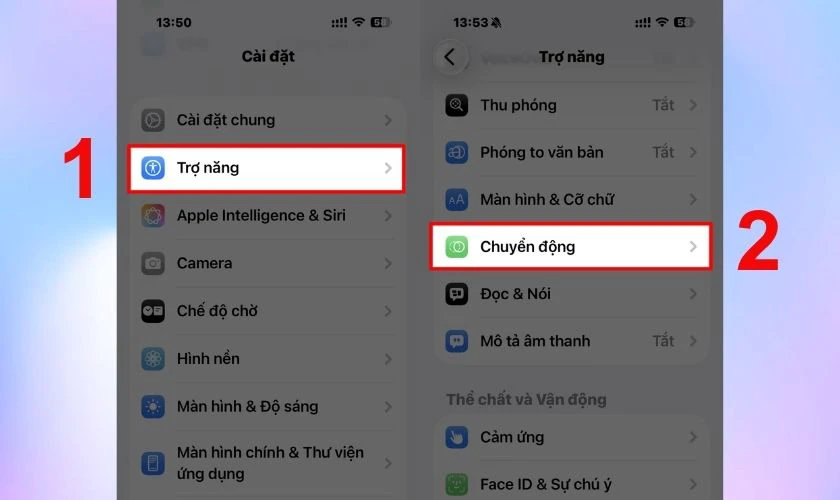 Vào Trợ năng, chọn Chuyển động
