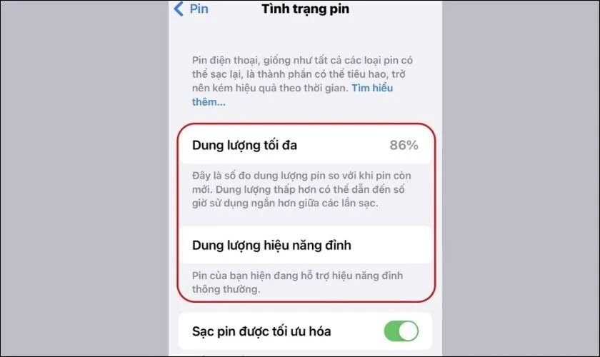 Xem thêm mục Khả năng hiệu năng đỉnh để biết pin có đang hoạt động ổn định hay không