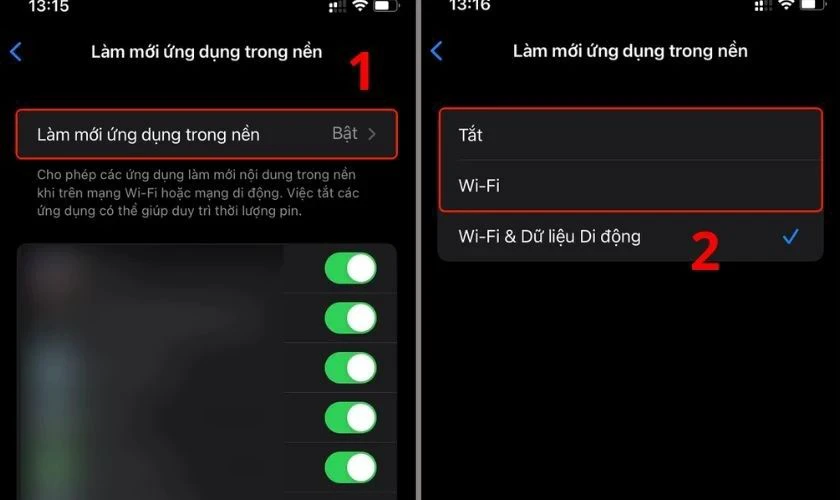 Tiếp tục chọn Làm mới ứng dụng trong nền một lần nữa, chọn Tắt