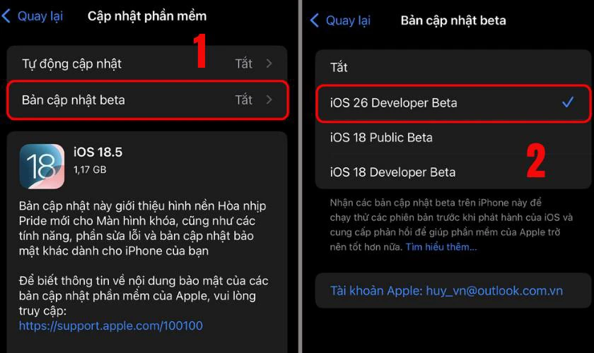 Chọn Bản cập nhật beta và chuyển sang iOS 26 Developer Beta