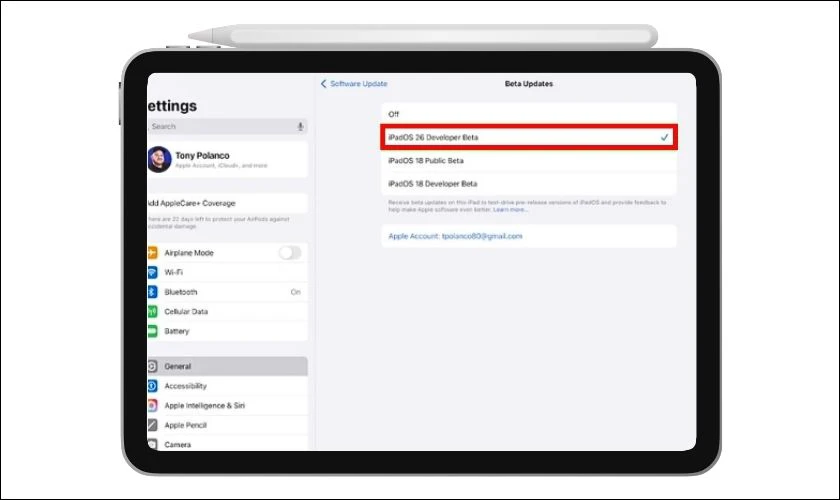 Chọn iPadOS 26 Developer Beta