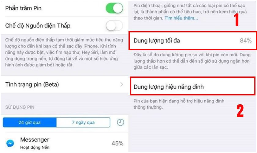 Kiểm tra mục Dung lượng tối đa và Tình trạng hiệu năng