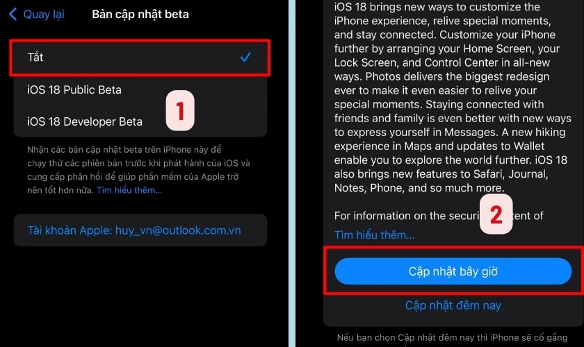 Chọn mục Cập nhật bây giờ để cập nhật iOS 18 chính thức