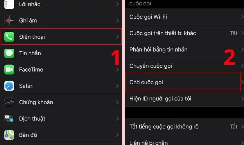 Vào Cài đặt, chọn Điện thoại (Di động) và tiếp tục chọn Chờ cuộc gọi