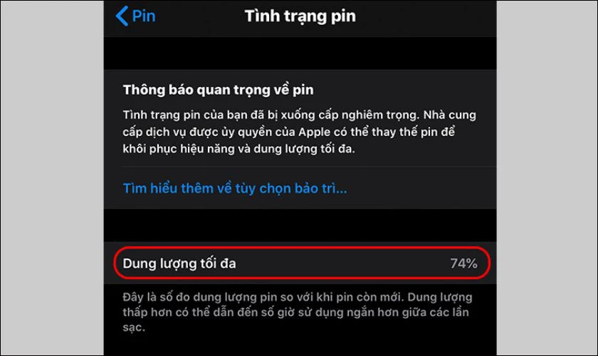 Xem dung lượng pin hiện tại trong phần Dung lượng tối đa