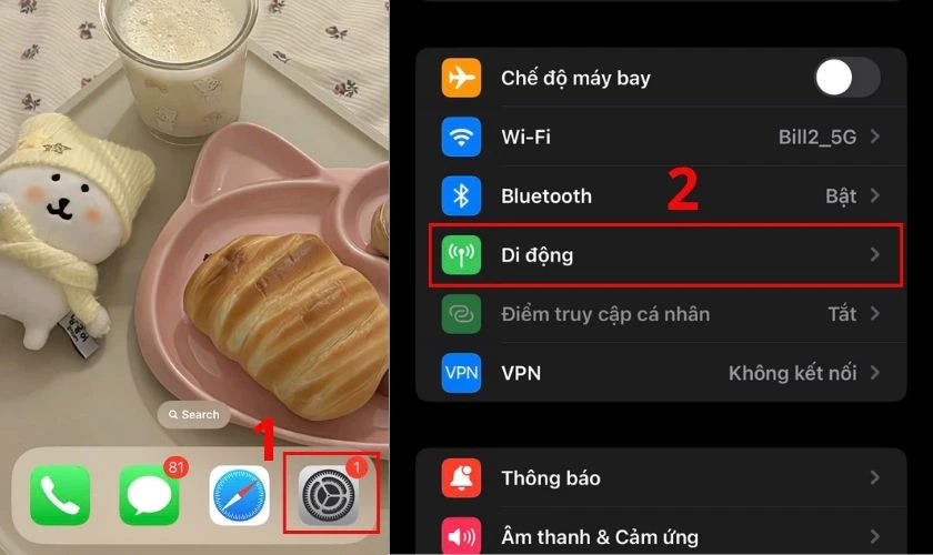 Nhấn vào mục Di động để truy cập các thiết lập về dữ liệu di động và SIM