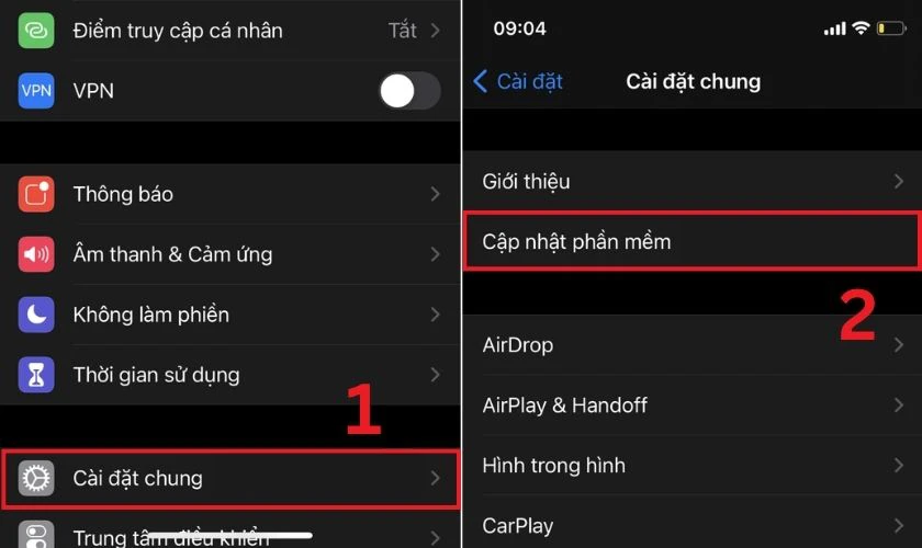 Chọn Cài đặt chung vào mục Cập nhật phần mềm