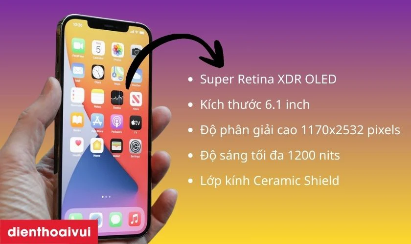 iPhone 12 Pro được trang bị m&agrave;n h&igrave;nh Super Retina XDR OLED k&iacute;ch thước 6.1 inch