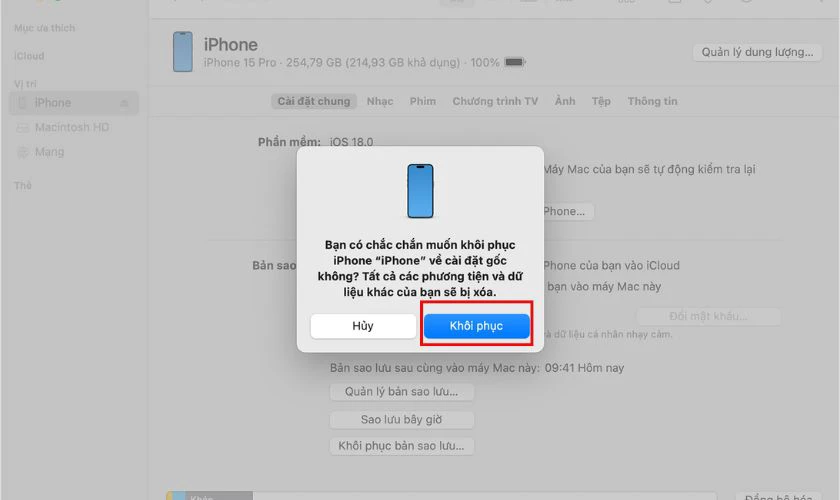 Khi phần mềm hiện thông báo, chọn Restore (Khôi phục)