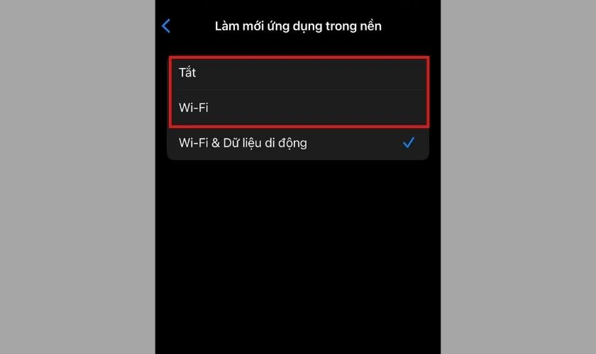Chọn Tắt (Off) hoặc chọn Wi-Fi nếu bạn chỉ muốn giới hạn cập nhật