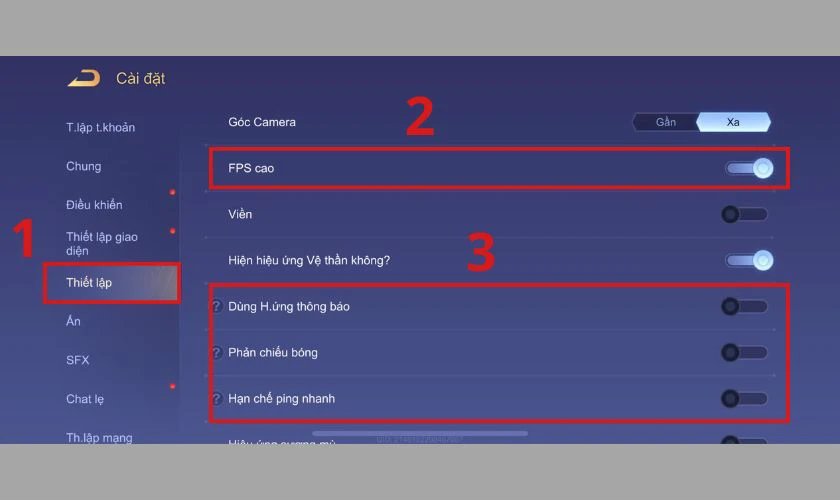 Chọn mục Thiết lập và nhấn bật tùy chọn FPS cao