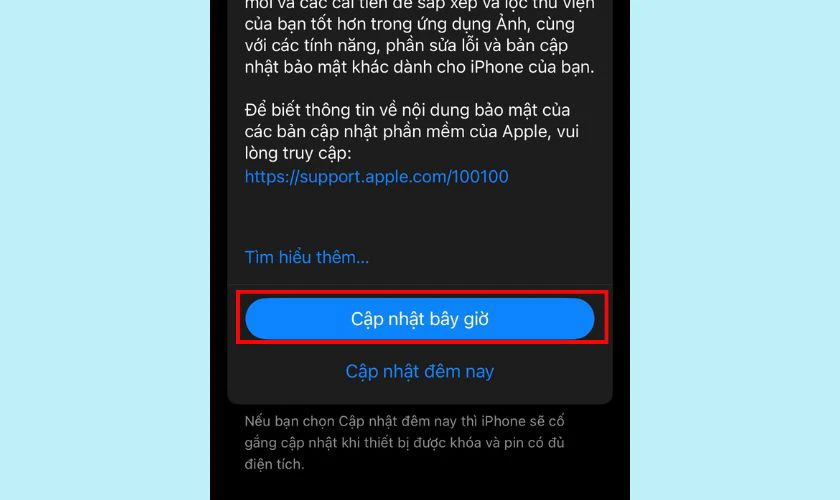 Nếu thấy có bản iOS mới, hãy chọn Cập nhật bây giờ