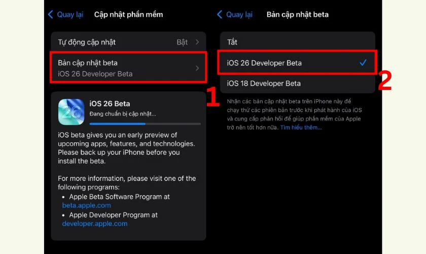 Chọn Bản cập nhật Beta