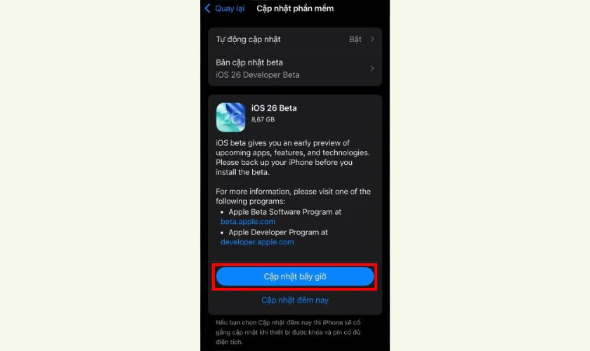 Chọn Cập nhật bây giờ để bắt đầu tải về và cài đặt iOS 26