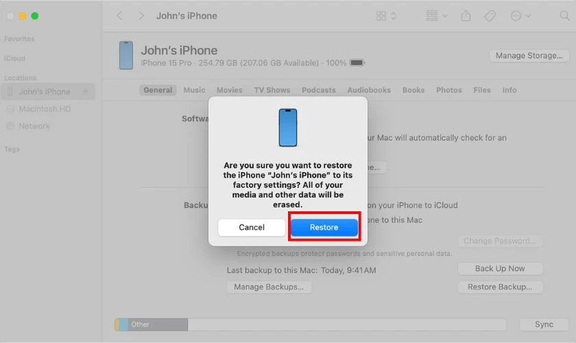 Làm theo hướng dẫn trên màn hình để khôi phục (Restore) hoặc cập nhật (Update) thiết bị