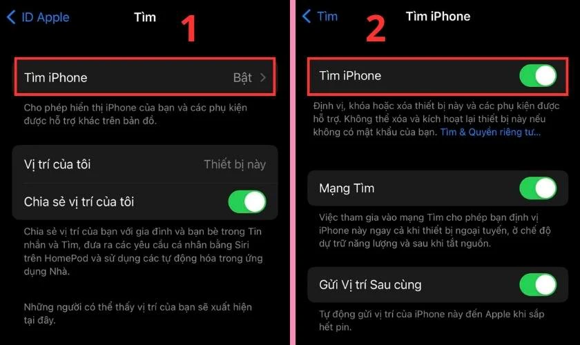 Nhấn vào dòng Tìm iPhone sau đó bật tính năng