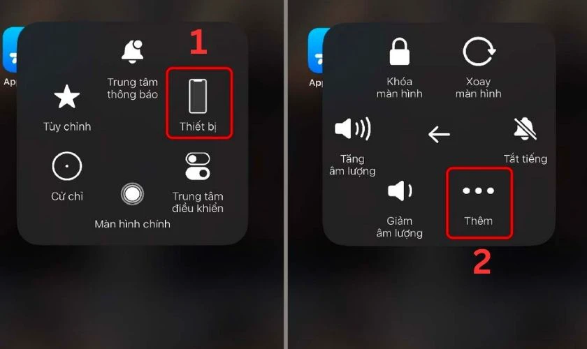 Nhấn vào AssistiveTouch trên màn hình iPhone, chọn Thiết bị, chọn Thêm