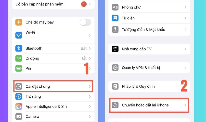 Chọn Cài đặt chung, chọn Chuyển hoặc đặt lại iPhone