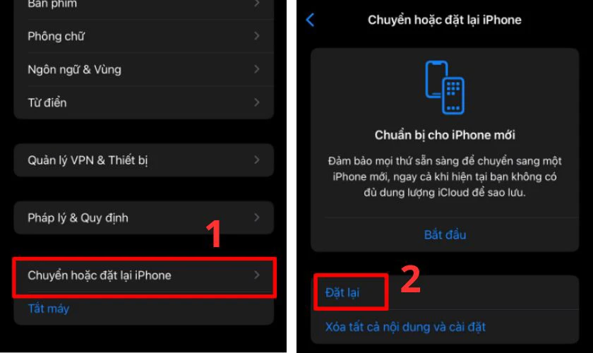 Chọn Chuyển hoặc đặt lại iPhone, sau đó chọn Đặt lại