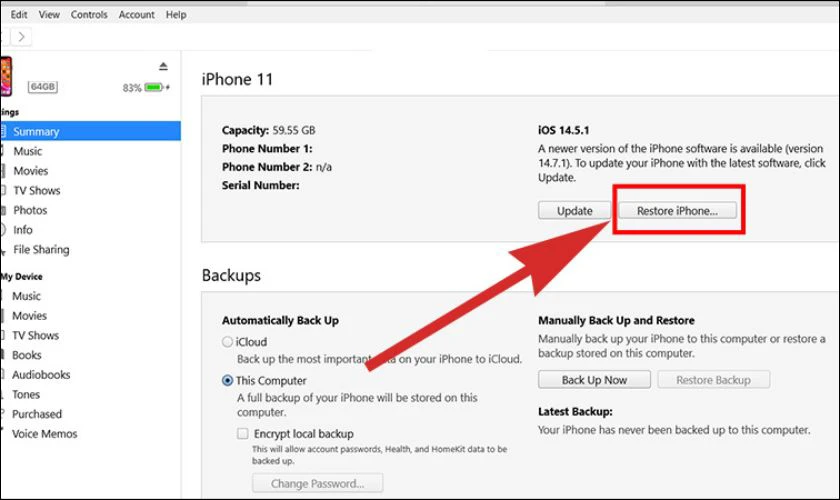 Nhấn chọn mục Restore iPhone...
