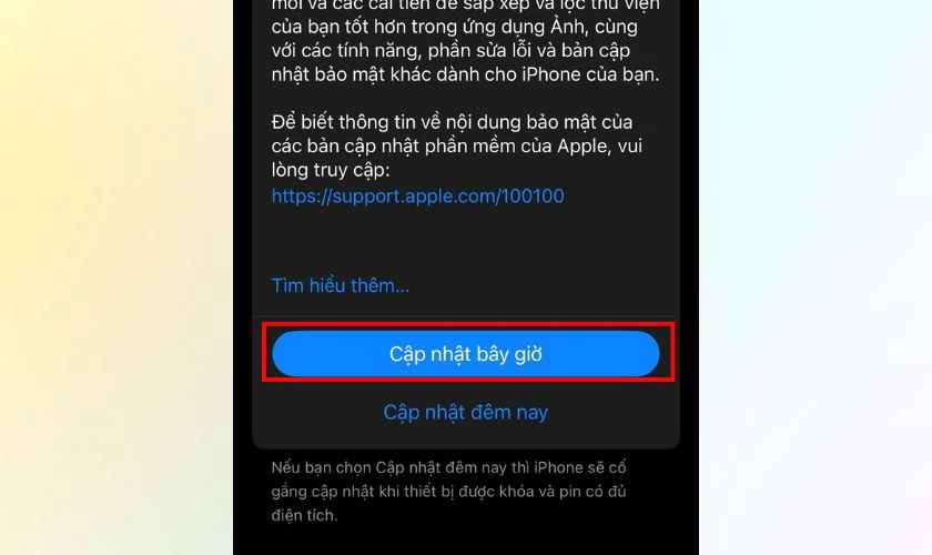Nếu vẫn chưa cập nhật iOS mới nhấn, chọn Cập nhật bây giờ