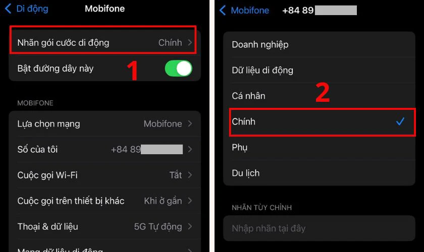 Bạn nhấn vào Nhãn gói cước di động
