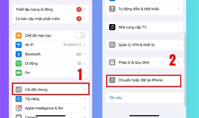 Chọn Cài đặt chung, cuộn xuống và nhấn Chuyển hoặc đặt lại iPhone