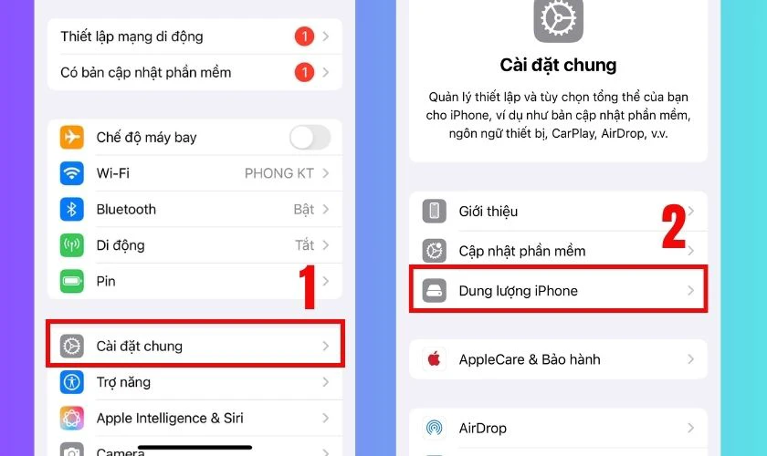 Chọn Cài đặt chung, nhấn chọn Dung lượng iPhone
