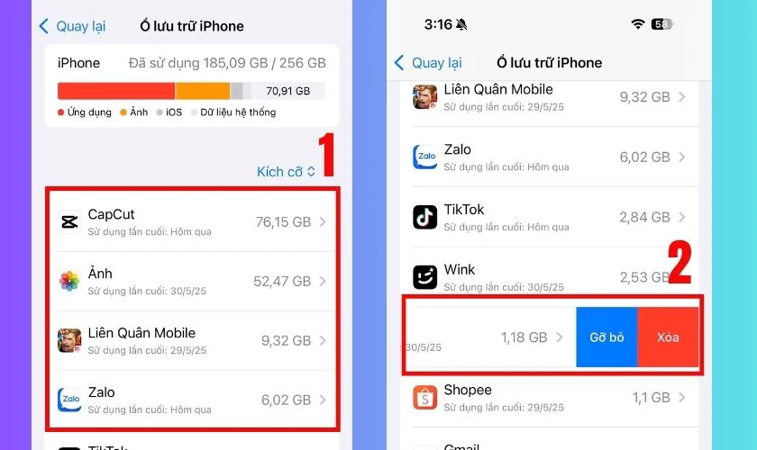 Vuốt sang trái ứng dụng cần xóa, nhấn Xóa