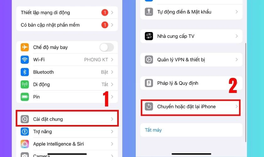 Chọn Cài đặt chung, cuộn xuống và nhấn Chuyển hoặc đặt lại iPhone