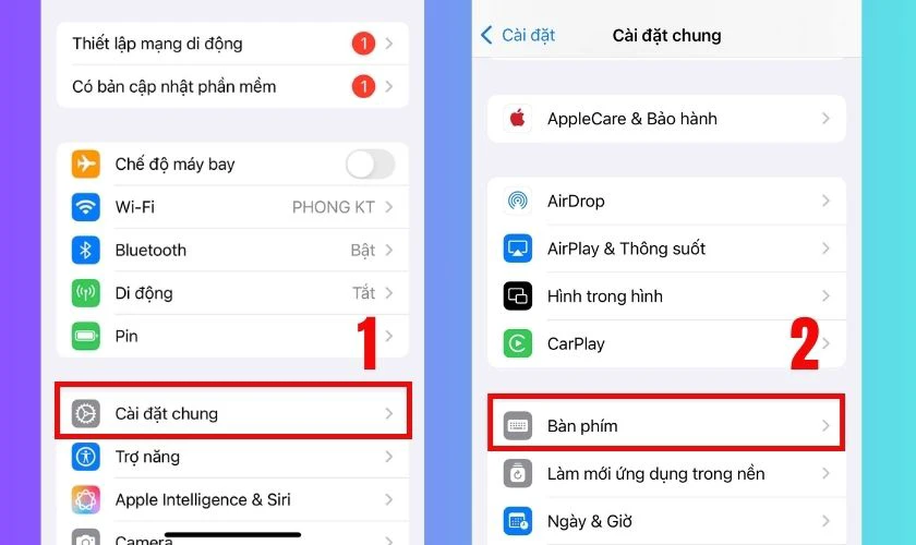 Nhấn chọn Cài đặt chung, cuộn xuống và chọn Bàn phím