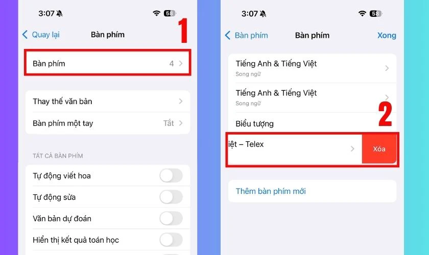 Tiếp tục nhấn chọn Bàn phím, vuốt sang trái và chọn Xóa