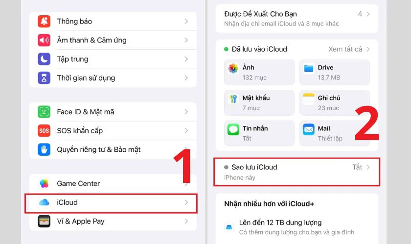 Vào Cài đặt, chọn iCloud chọn Sao lưu iCloud hoặc sao lưu bằng iTunes/Finder trên máy tính