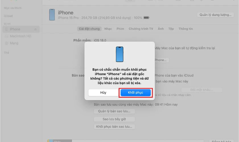 Restore iPhone qua iTunes hoặc Finder khi iPhone 15 bị xanh màn hình