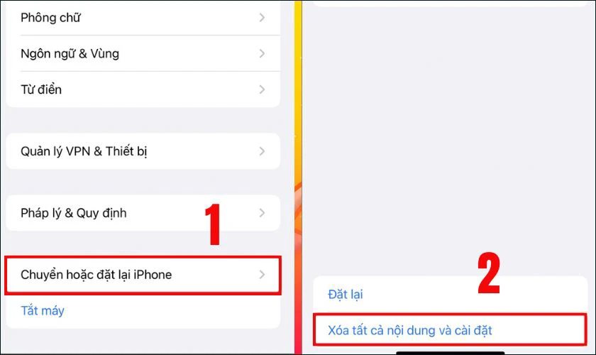 Nhấn Xóa tất cả nội dung và cài đặt