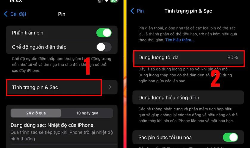 Dung lượng pin tối đa (Battery Health) dưới 80