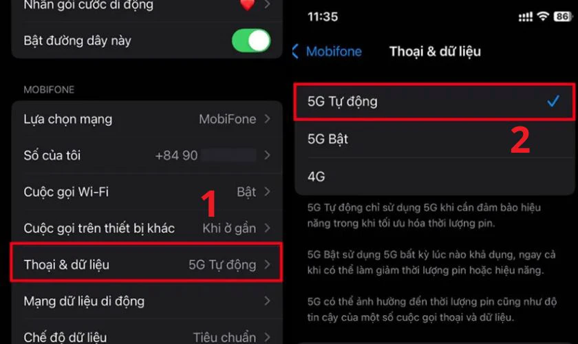 Chọn Thoại & Dữ liệu, chọn 5G Tự động