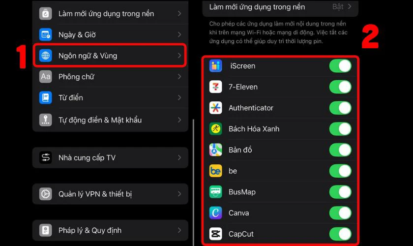 Tắt tính năng làm mới ứng dụng trong nền
