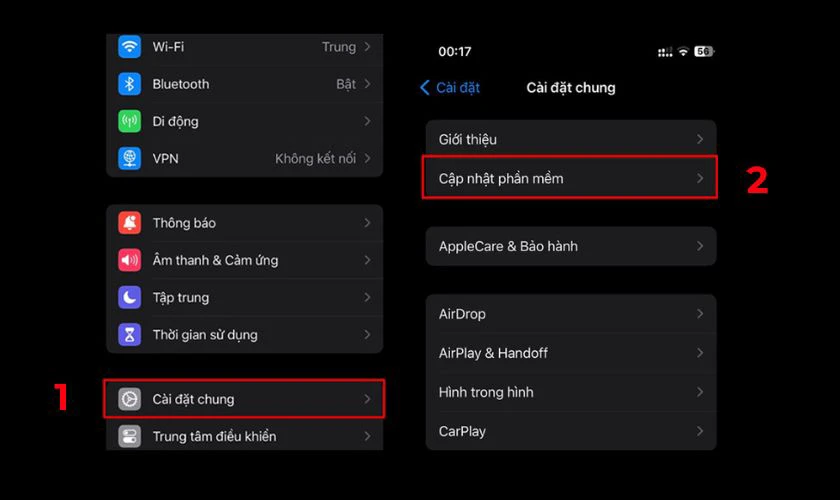 Cập nhật phần mềm từ mục Cài đặt chung