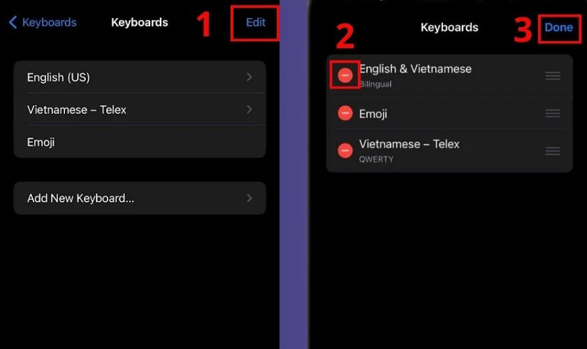 Nhấn dấu trừ màu đỏ trước chữ English & Vietnamese và nhấn Done
