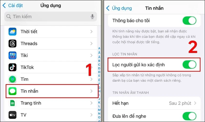 Bật chế độ Lọc tin nhắn không xác định