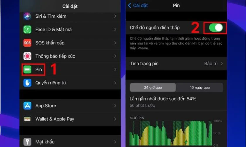 Vào mục Cài đặt, chọn vào Pin, sau đó gạt ngang thanh sang phải để bật chế độ nguồn điện thấp