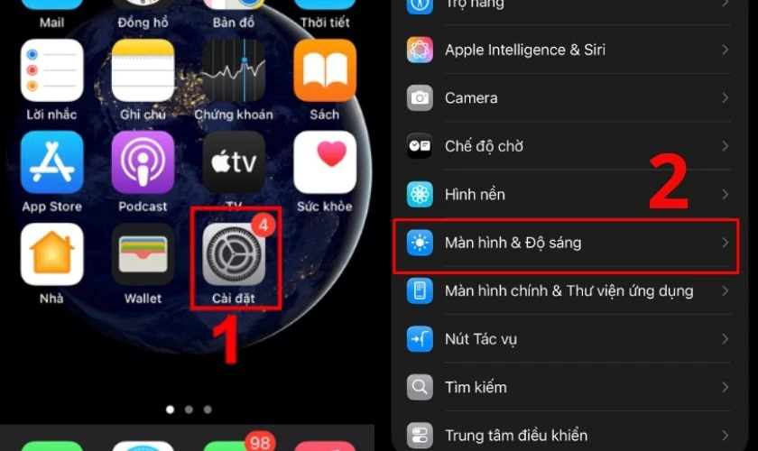 Mở Cài đặt (Settings), chọn mục Màn hình & Độ sáng