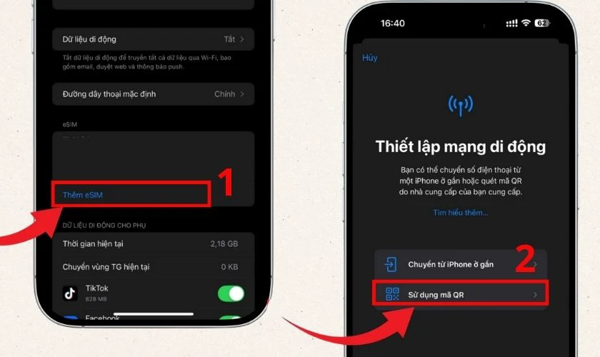 Thêm gói cước di động (eSIM) và chọn quét QR