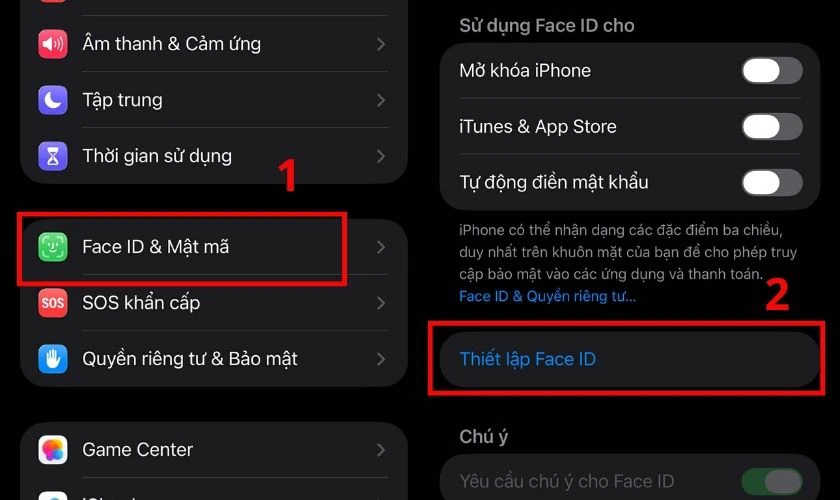 Chọn Face ID & Mật mã, chọn Thiết lập Face ID