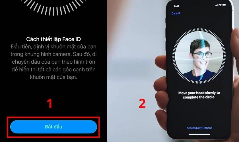 Trong mục Thiết lập Face ID, nhấn vào ô Bắt đầu để quét khuôn mặt