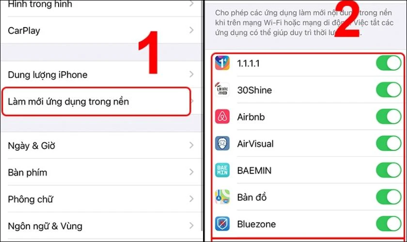 Tắt Làm mới ứng dụng trong nền