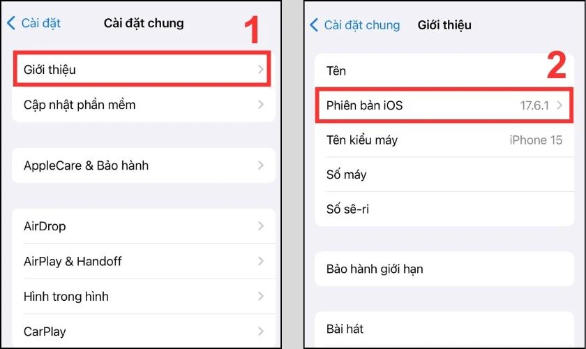 Nhấn vào Giới thiệu chọn Phiên bản iOS