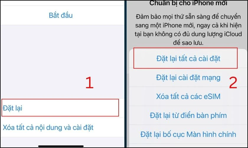 Nhấn Đặt lại và nhấn tiếp vào mục Đặt lại tất cả cài đặt