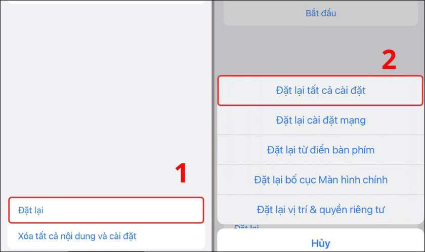 Bạn bấm chọn Đặt lại, tiếp đó chọn Đặt lại tất cả cài đặt